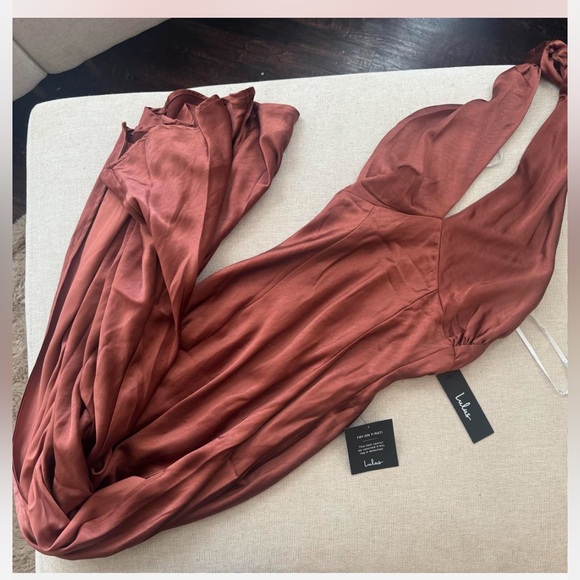 Lulus start of forever brown satin halter mermaid maxi dress - Picture 4 of 9